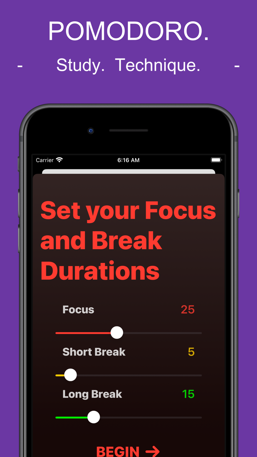 Focus Timer duration setup: Focus 25, Short Break 5, Long Break 15