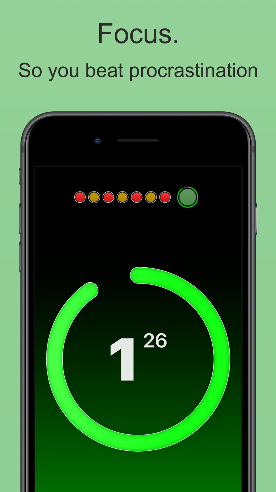 Focus Timer in a session, circular countdown on a dark screen